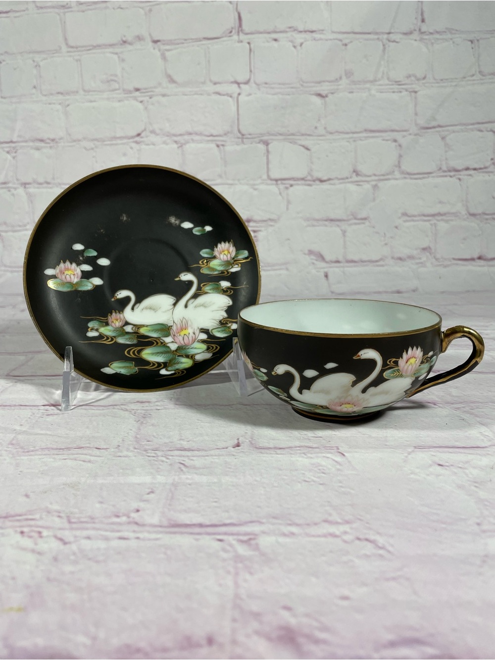 Vintage Nippon Swan and Floral Gold Trim Porcelain Teacup and Saucer Set Japan